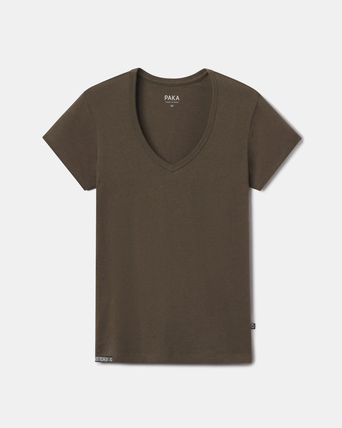 Front flat lay of Women’s Essential V-neck tee in Andean Moss showing V-neck, short sleeves, and hem on pale gray background