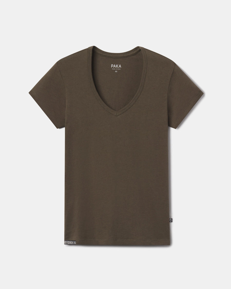 Front flat lay of Women’s Essential V-neck tee in Andean Moss showing V-neck, short sleeves, and hem on pale gray background