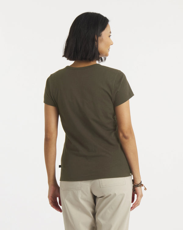 Back view of Women’s Essential V-neck t-shirt in Andean Moss on model, showing short sleeves and regular fit on white background