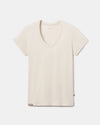 Front view of Women’s Essential V-Neck T-shirt showcasing v-neck, short sleeves, and straight hem in bone on a light gray background