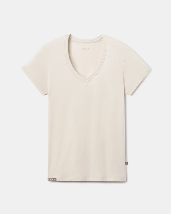 Front view of Women’s Essential V-Neck T-shirt showcasing v-neck, short sleeves, and straight hem in bone on a light gray background