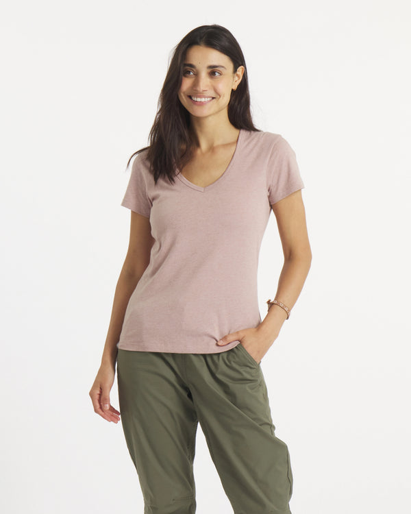 Three-quarter front view of Women’s Essential V-neck t-shirt in rose showing v-neck, short sleeves, regular fit on white