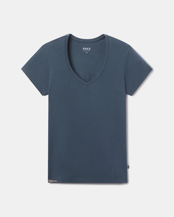 Front flat lay of Women’s Essential V-Neck t-shirt showcasing v-neck cut and short sleeves in navy on white background