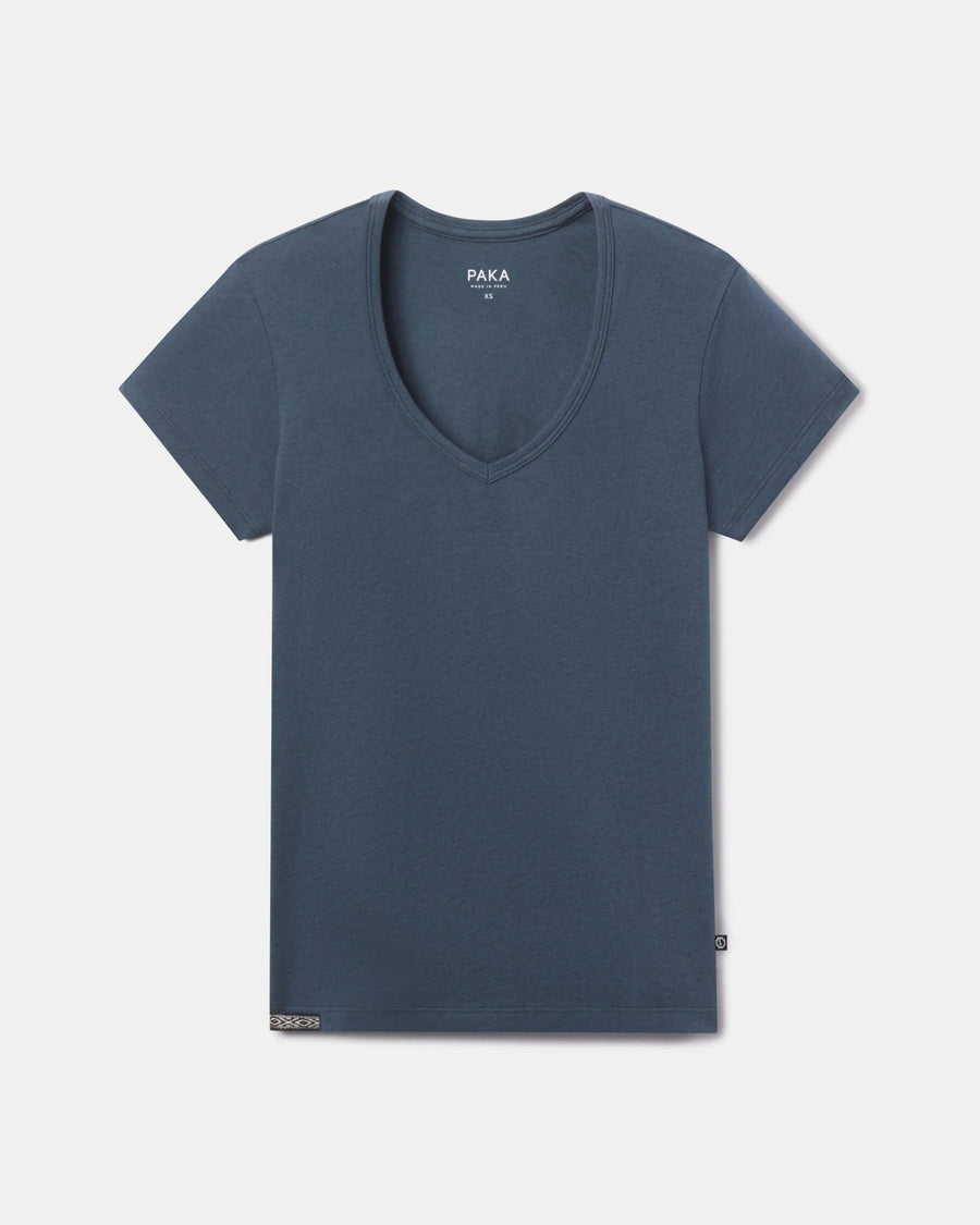 Front flat lay of Women’s Essential V-Neck t-shirt showcasing v-neck cut and short sleeves in navy on white background