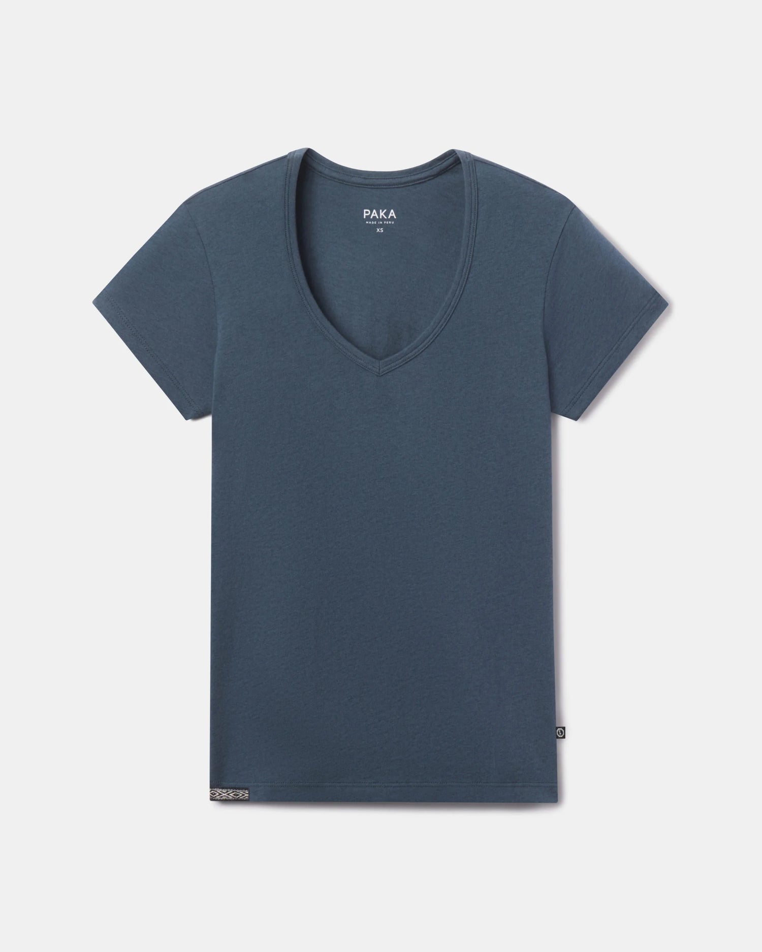 Front flat lay of Women’s Essential V-Neck t-shirt showcasing v-neck cut and short sleeves in navy on white background
