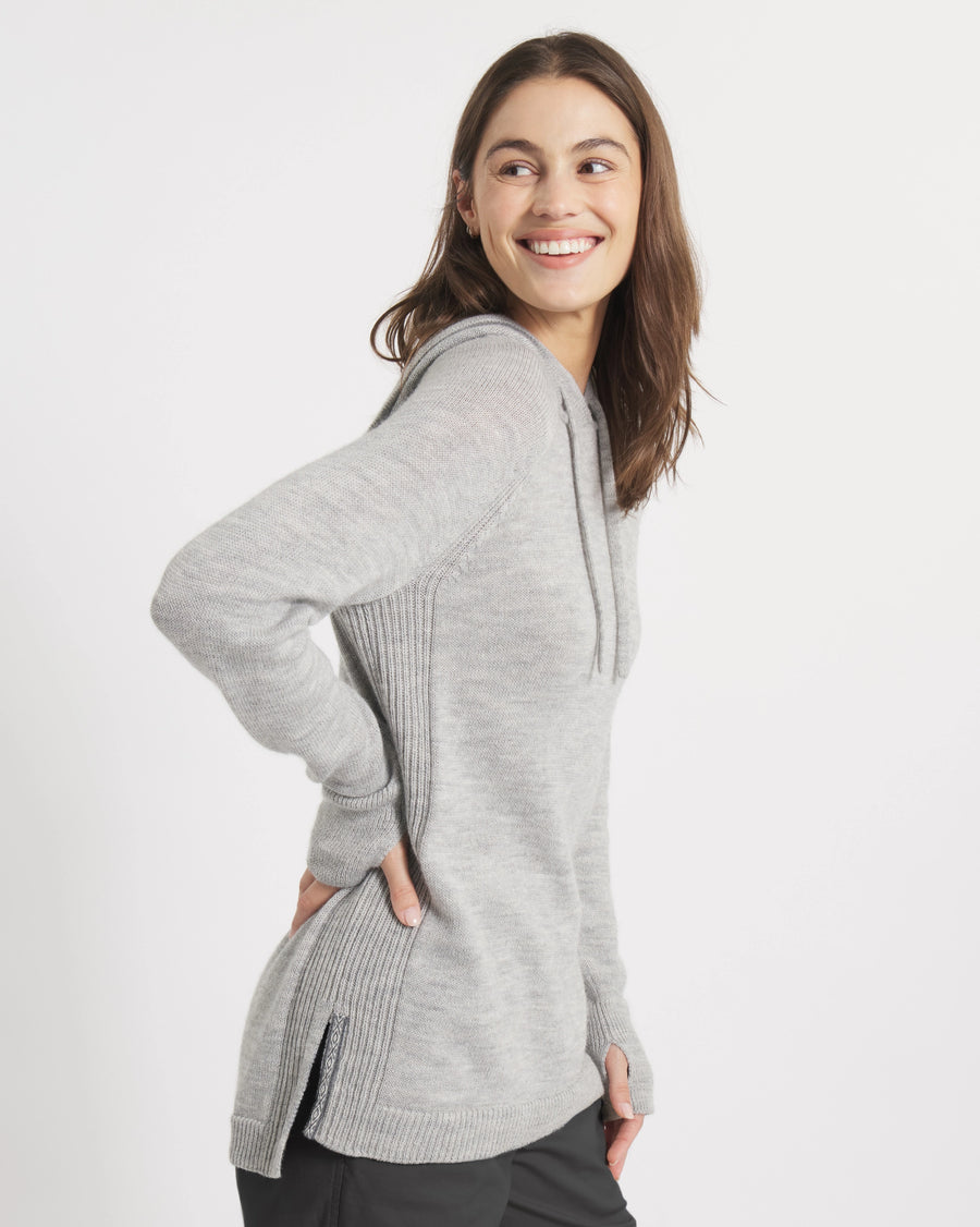 Model with Arm on Side in Alpaca Women's Hoodie Sweater in Light Grey – PAKA Apparel