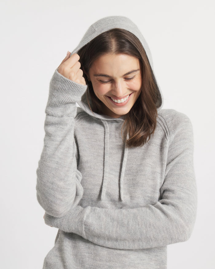 Model with Hood Up on Light Grey Women's Hoodie Alpaca Sweater – PAKA Apparel