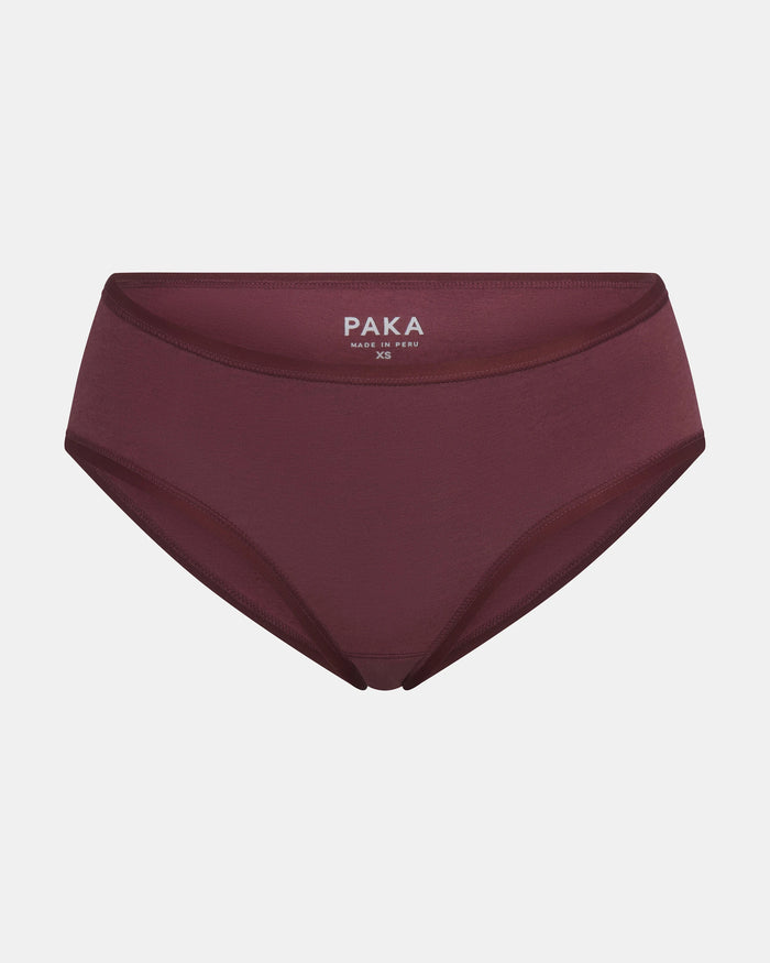 Front view of Women’s Essential Mid-Rise Brief in raisin showcasing mid-rise cut and smooth breathable alpaca fabric on light gray background