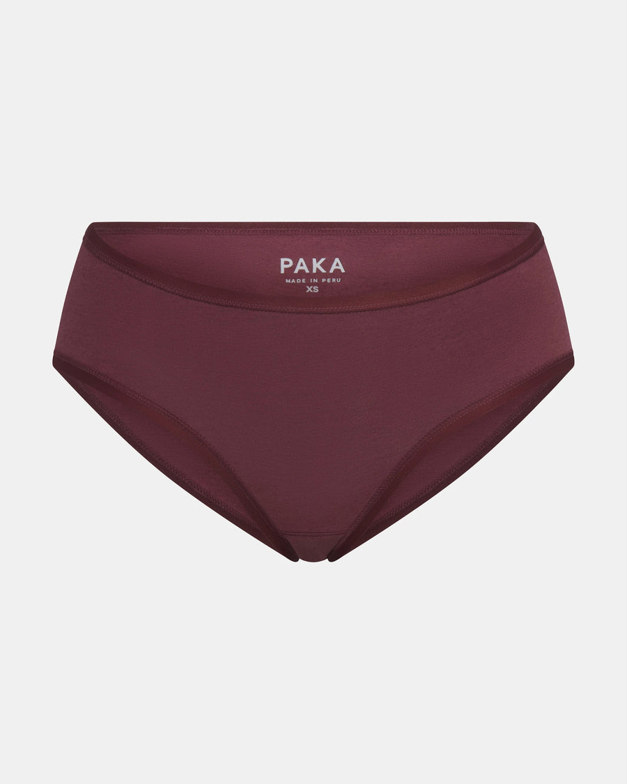 Front view of Women’s Essential Mid-Rise Brief in raisin showcasing mid-rise cut and smooth breathable alpaca fabric on light gray background