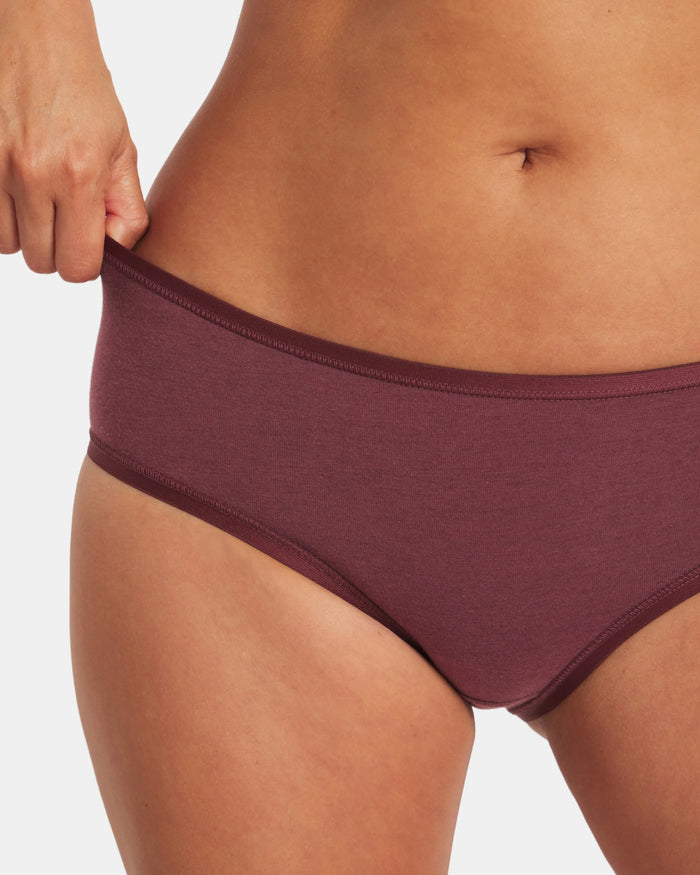 Front of Women’s Essential Mid‑Rise Brief in raisin showing mid-rise fit and full coverage on white background