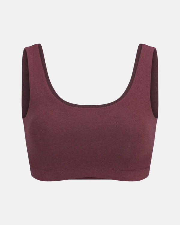 Front view of women’s scoop bralette in raisin showing scoop neckline, wide straps and seamless knit on light gray background