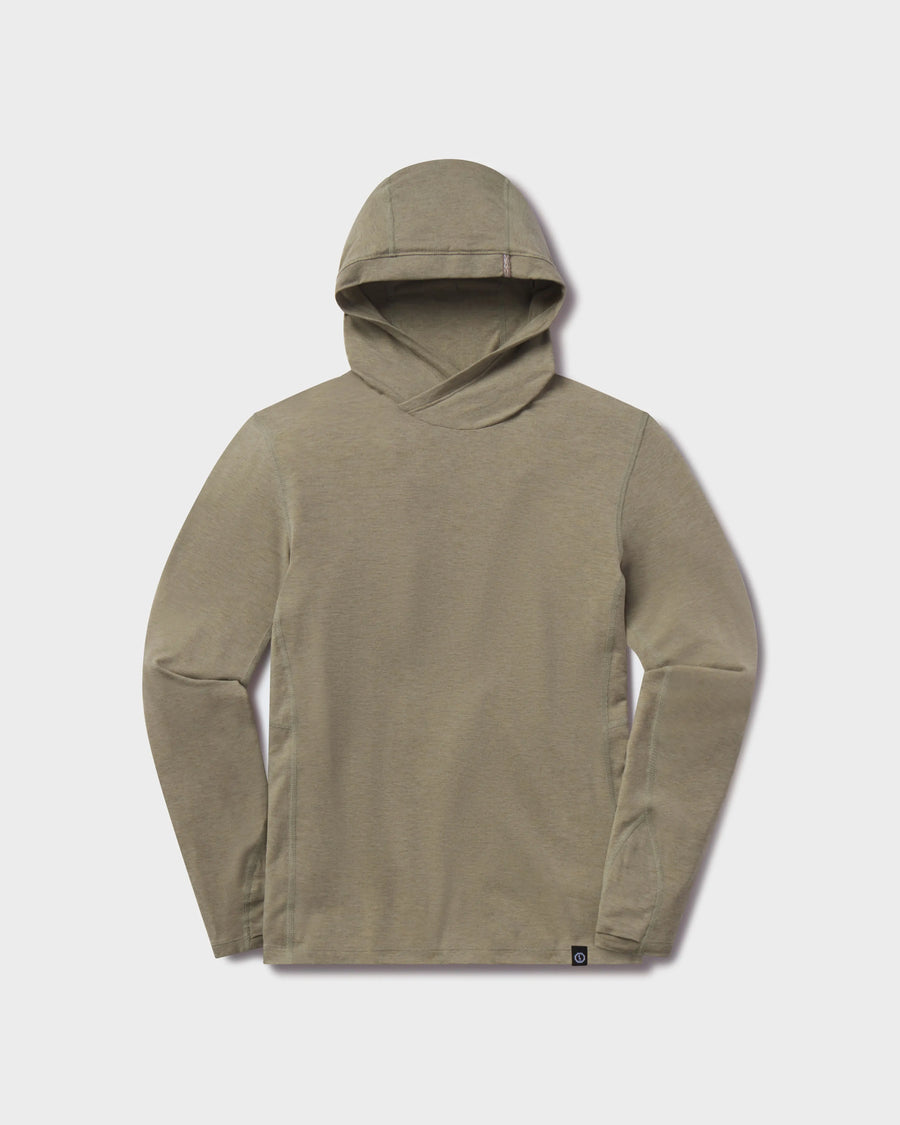 Front view of Women’s Sol Hoodie in elm showing three-panel hood and long sleeves on light gray background