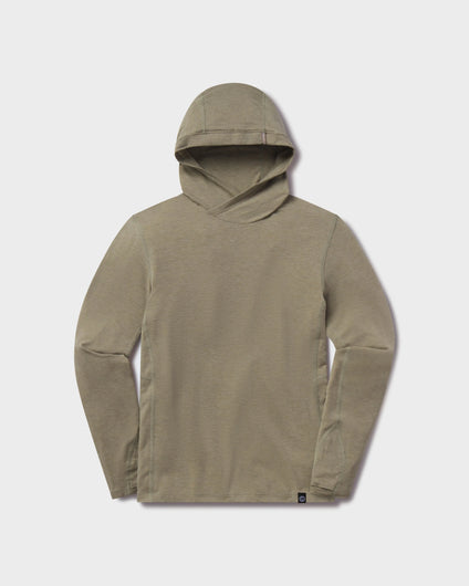 Front view of Women’s Sol Hoodie in elm showing three-panel hood and long sleeves on light gray background
