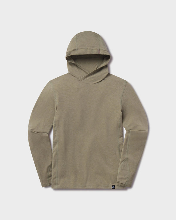 Front view of Women’s Sol Hoodie in elm showing three-panel hood and long sleeves on light gray background