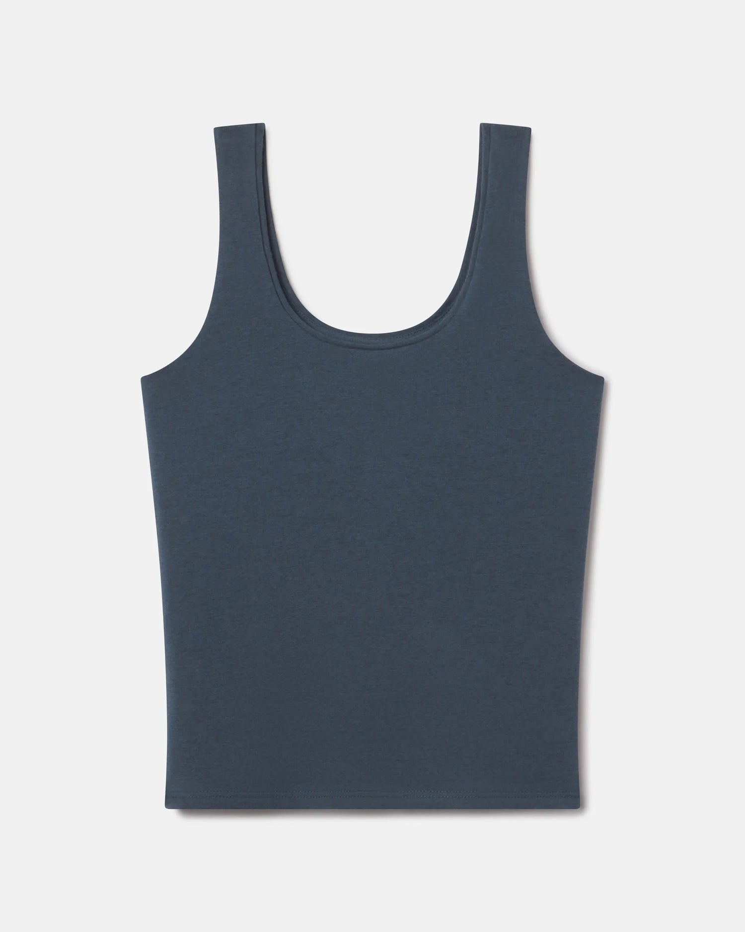 Front view of Women’s Essential Tank showcasing scoop neckline and wide straps on light gray background