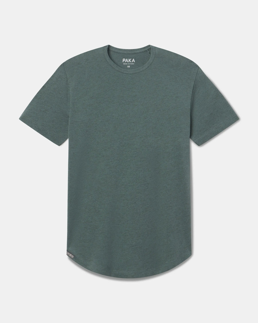Front view of Women’s Essential Tee in Balsam showcasing crew neck and curved hem on light gray background