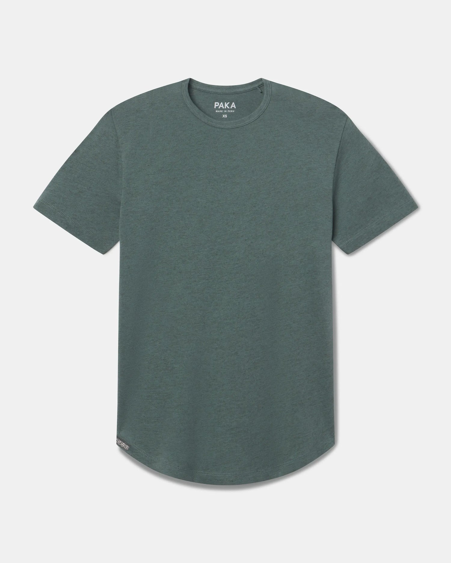 Front view of Women’s Essential Tee in Balsam showcasing crew neck and curved hem on light gray background