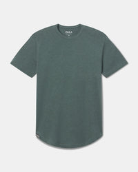 Front view of Women’s Essential Tee in Balsam showcasing crew neck and curved hem on light gray background