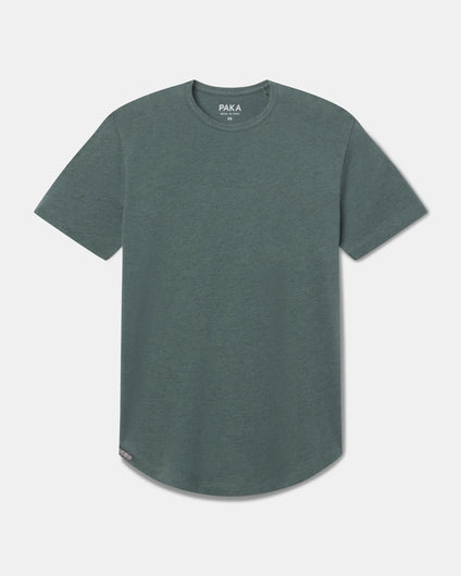 Front view of Women’s Essential Tee in Balsam showcasing crew neck and curved hem on light gray background