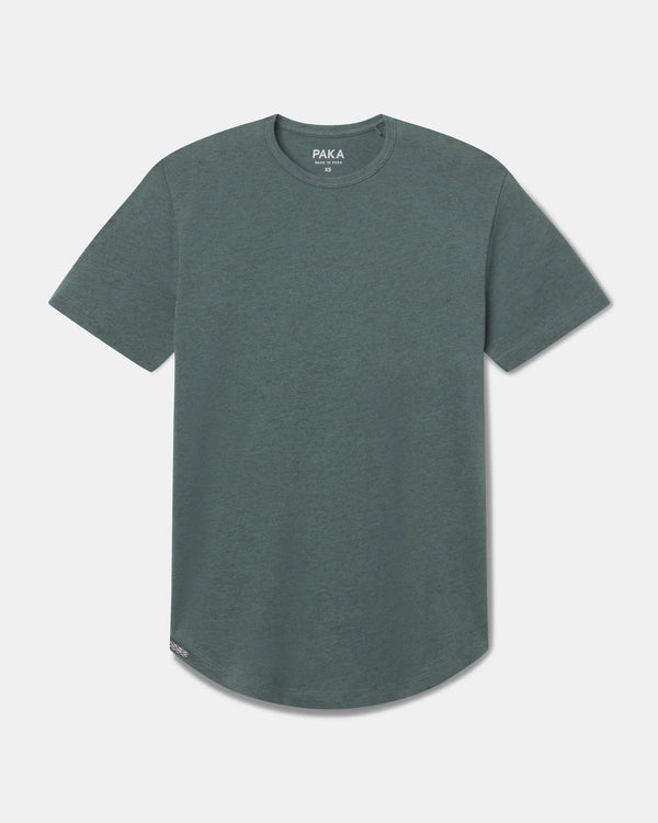 Front view of Women’s Essential Tee in Balsam showcasing crew neck and curved hem on light gray background