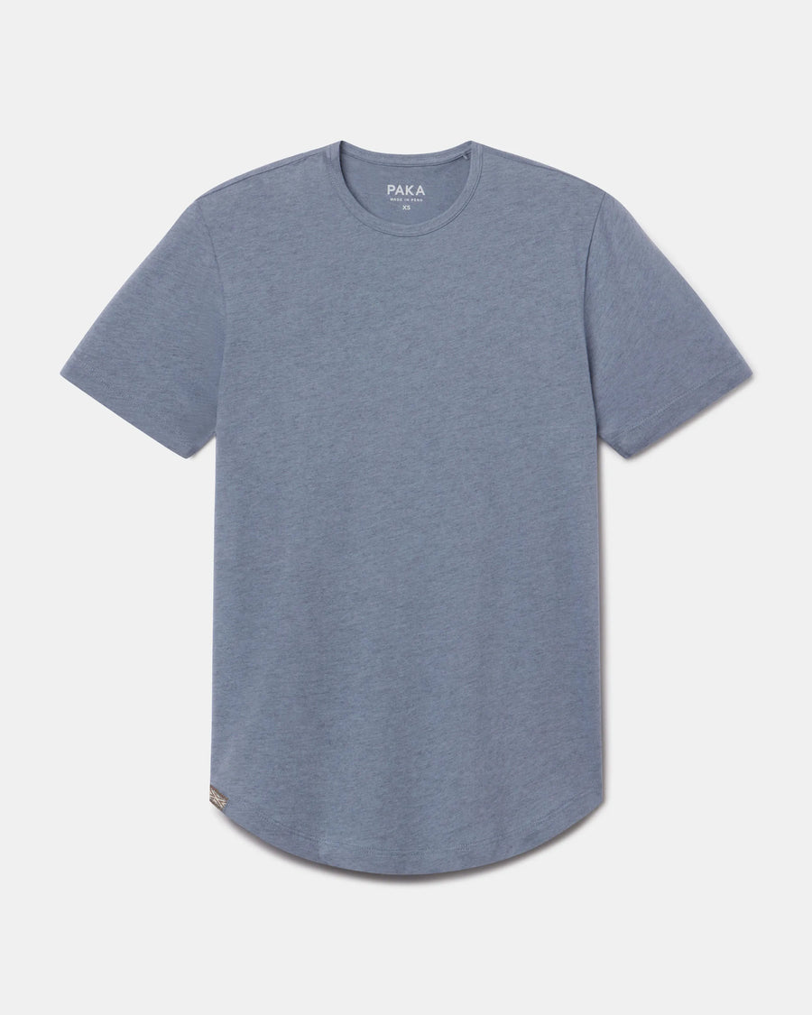 Front view of Women’s Essential Tee in bluestone, crewneck short-sleeve with curved hem on light gray background
