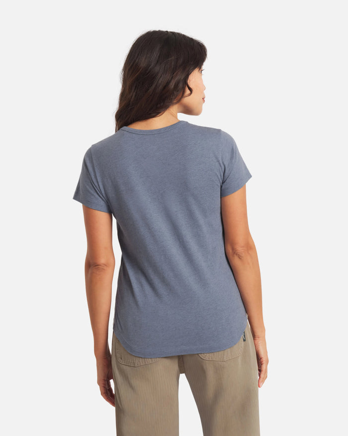 Back view, Women’s Essential Tee, bluestone, regular fit crewneck with short sleeves and curved hem on white background