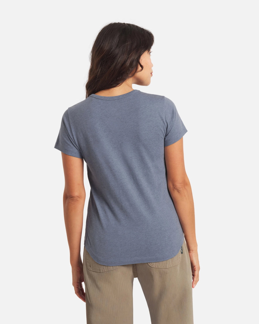 Back view, Women’s Essential Tee, bluestone, regular fit crewneck with short sleeves and curved hem on white background