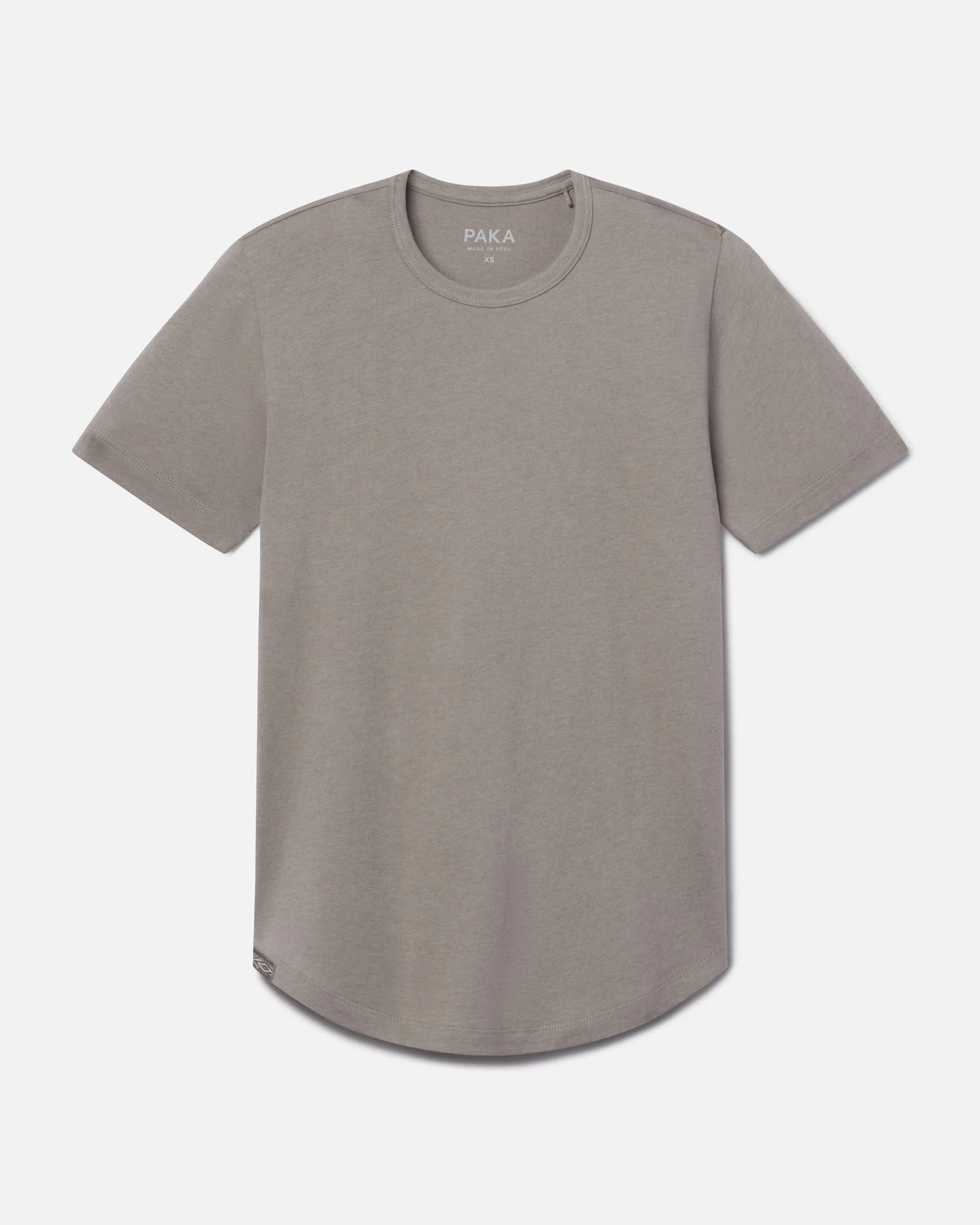 Front view of Women’s Essential Tee in stone showing crewneck, short sleeves, and curved hem on light gray background