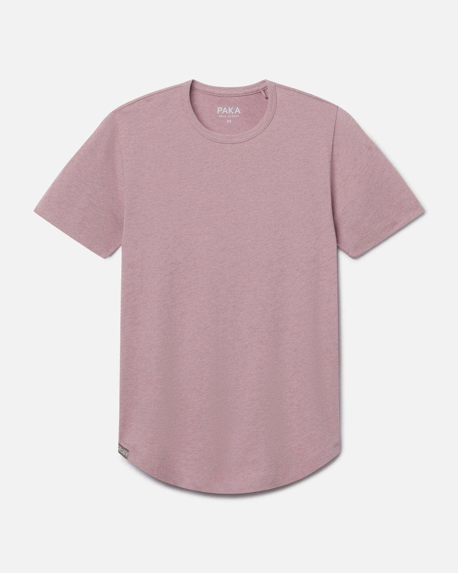 Front view of Women’s Essential Tee in woodrose showcasing curved hem and ribbed crewneck on light gray background