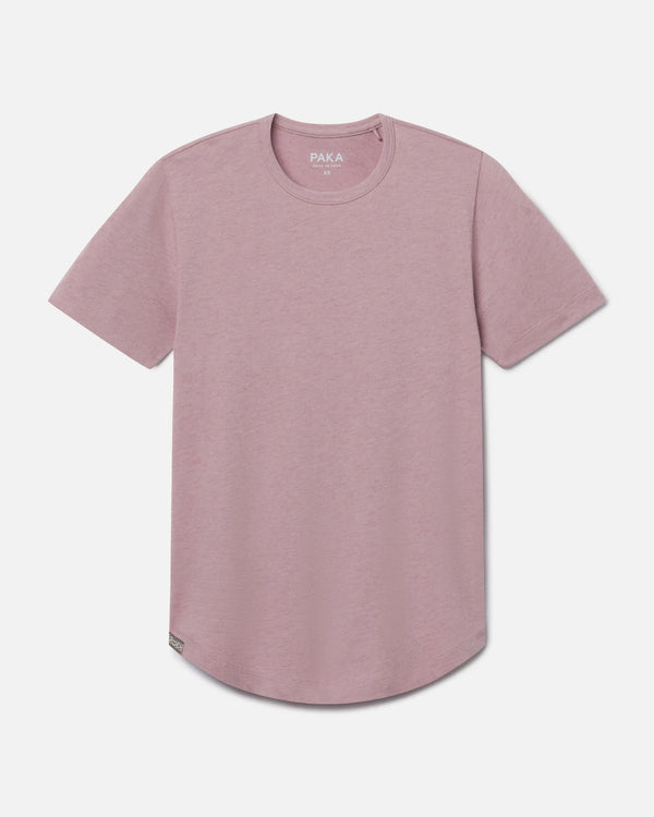 Front view of Women’s Essential Tee in woodrose showcasing curved hem and ribbed crewneck on light gray background
