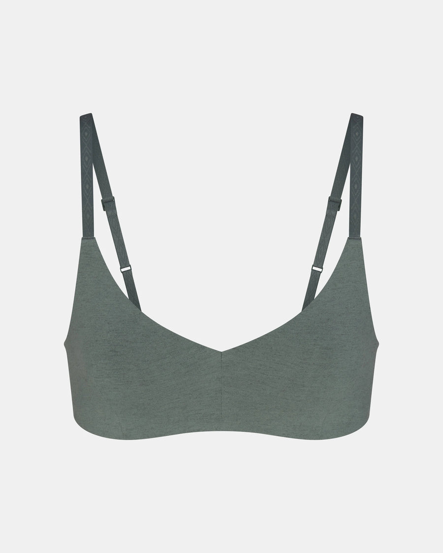 Front view of Women’s Essential Triangle Bralette in balsam green showing triangle cups and adjustable straps on light gray background