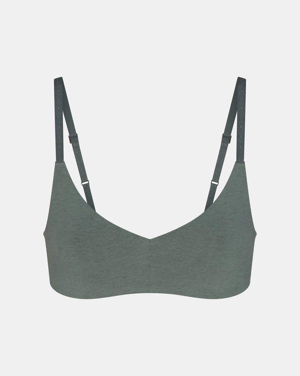 Front view of Women’s Essential Triangle Bralette in balsam green showing triangle cups and adjustable straps on light gray background