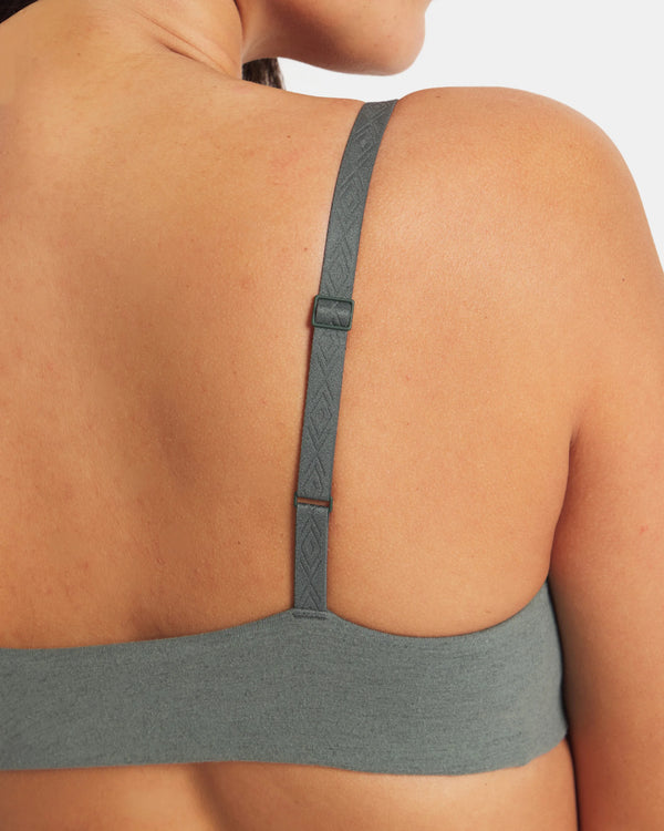 Back view of Women’s Essential Triangle Bralette in balsam showing adjustable patterned strap and smooth wide band on model
