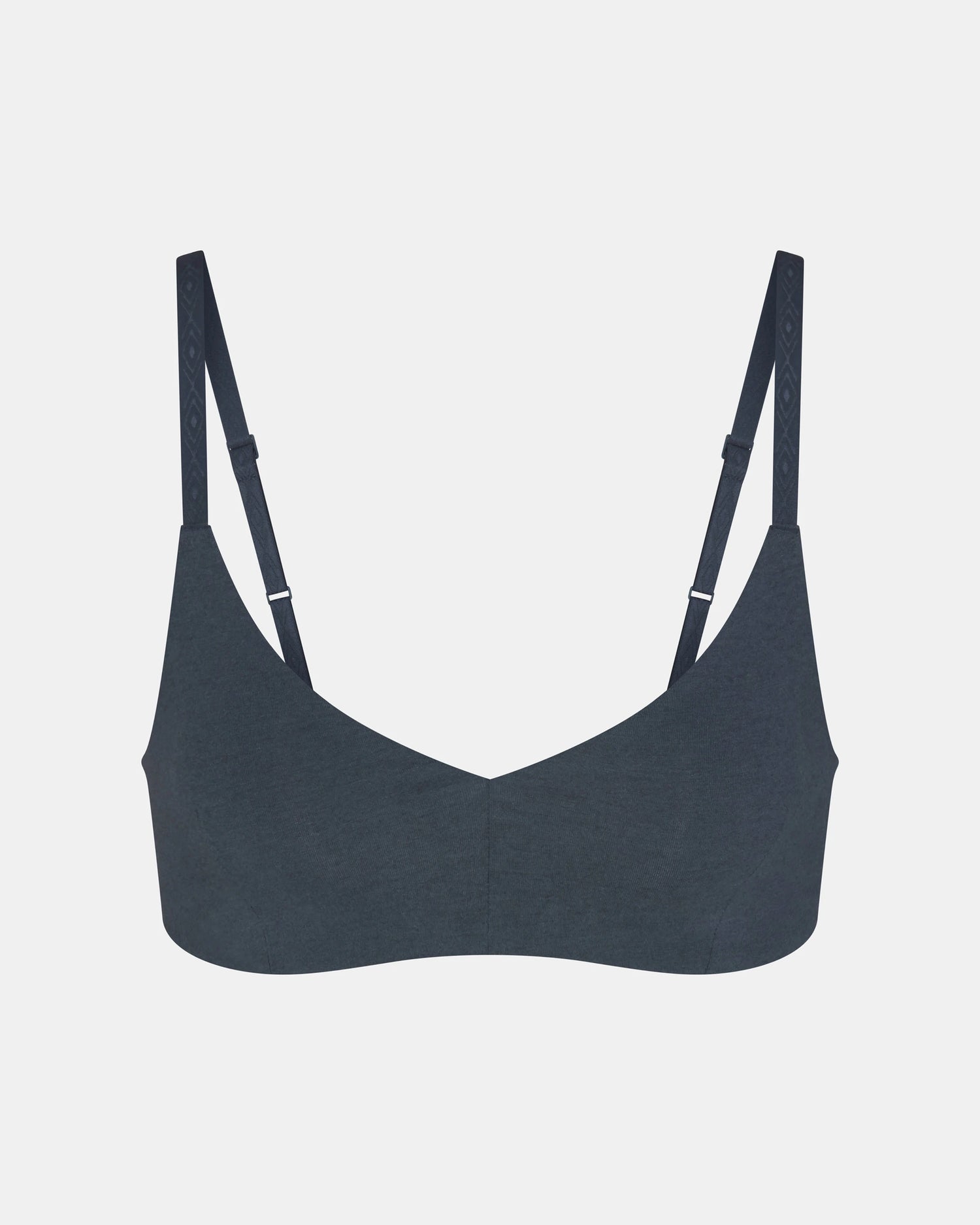 Front view of Women’s Essential Triangle Bralette in navy showing triangle cups and adjustable straps on light gray background
