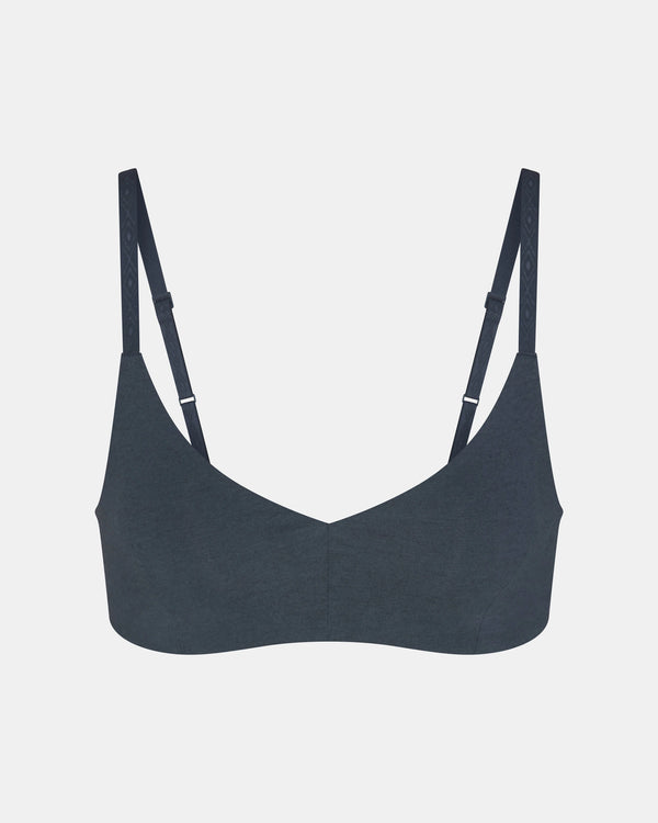 Front view of Women’s Essential Triangle Bralette in navy showing triangle cups and adjustable straps on light gray background