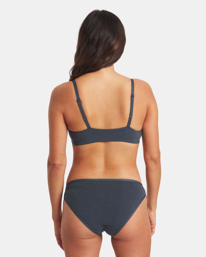 Rear view of Essential triangle bralette in navy on model showing adjustable Inca patterned straps and wide back band