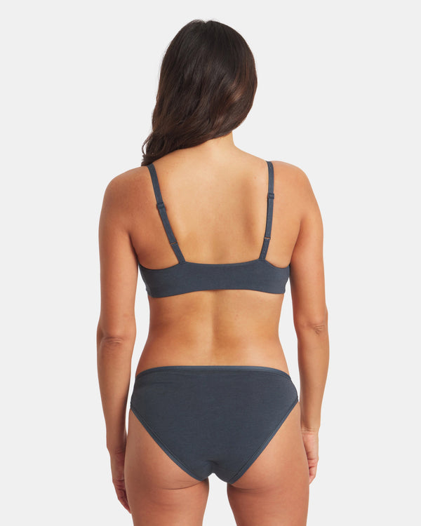 Rear view of Essential triangle bralette in navy on model showing adjustable Inca patterned straps and wide back band