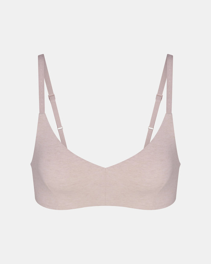 Front view of women’s triangle bralette in light mauve heather with organic cotton and adjustable straps on white background