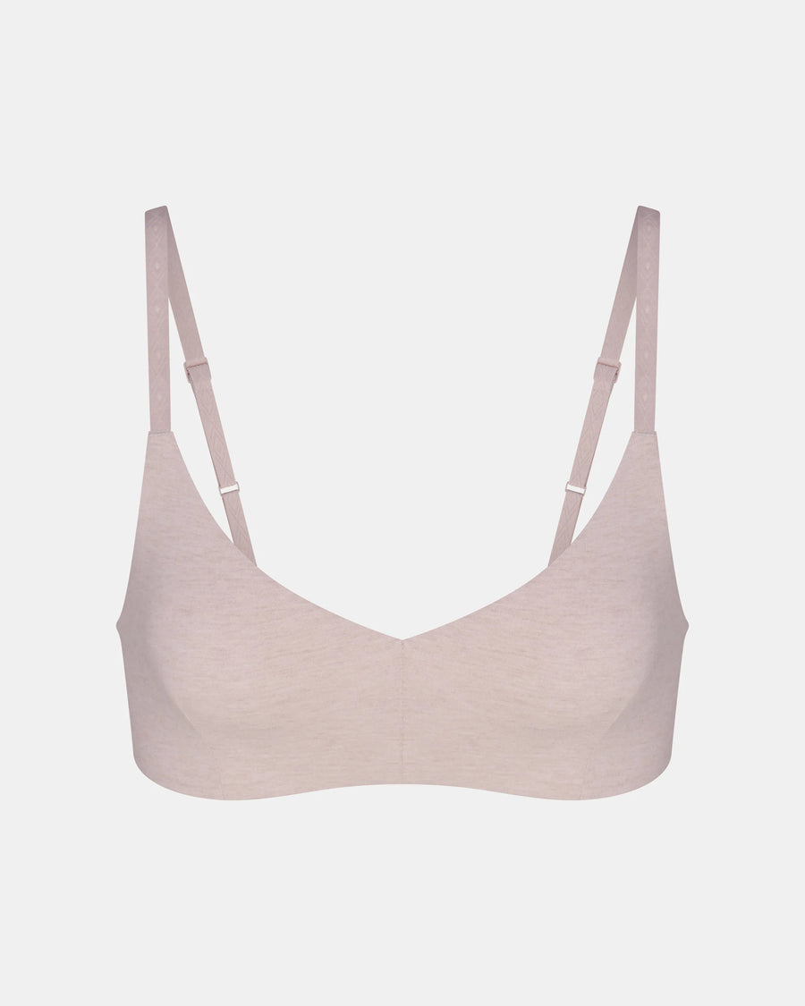 Front view of women’s triangle bralette in light mauve heather with organic cotton and adjustable straps on white background