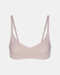 Front view of women’s triangle bralette in light mauve heather with organic cotton and adjustable straps on white background