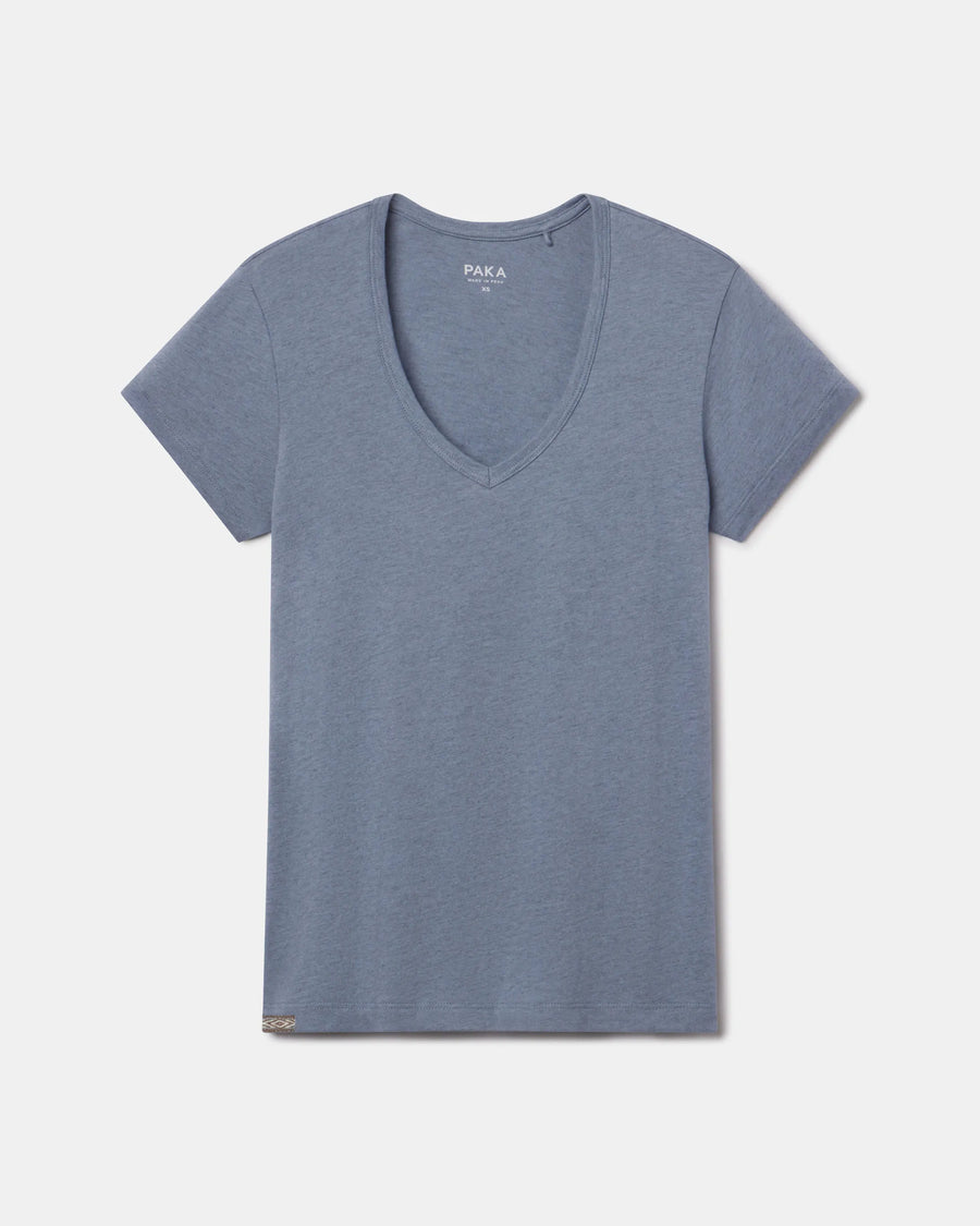 Flat lay of Women’s Essential V-neck T-shirt in Bluestone showing V-neck, short sleeves, and regular fit on white background