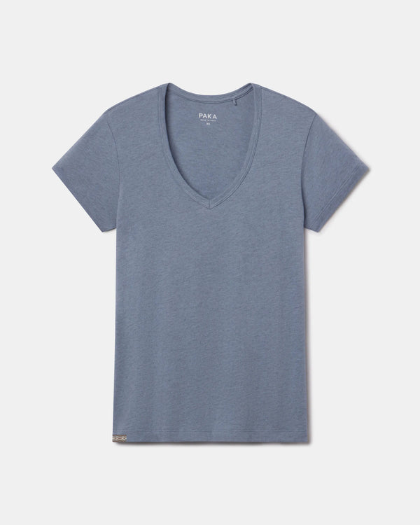 Flat lay of Women’s Essential V-neck T-shirt in Bluestone showing V-neck, short sleeves, and regular fit on white background