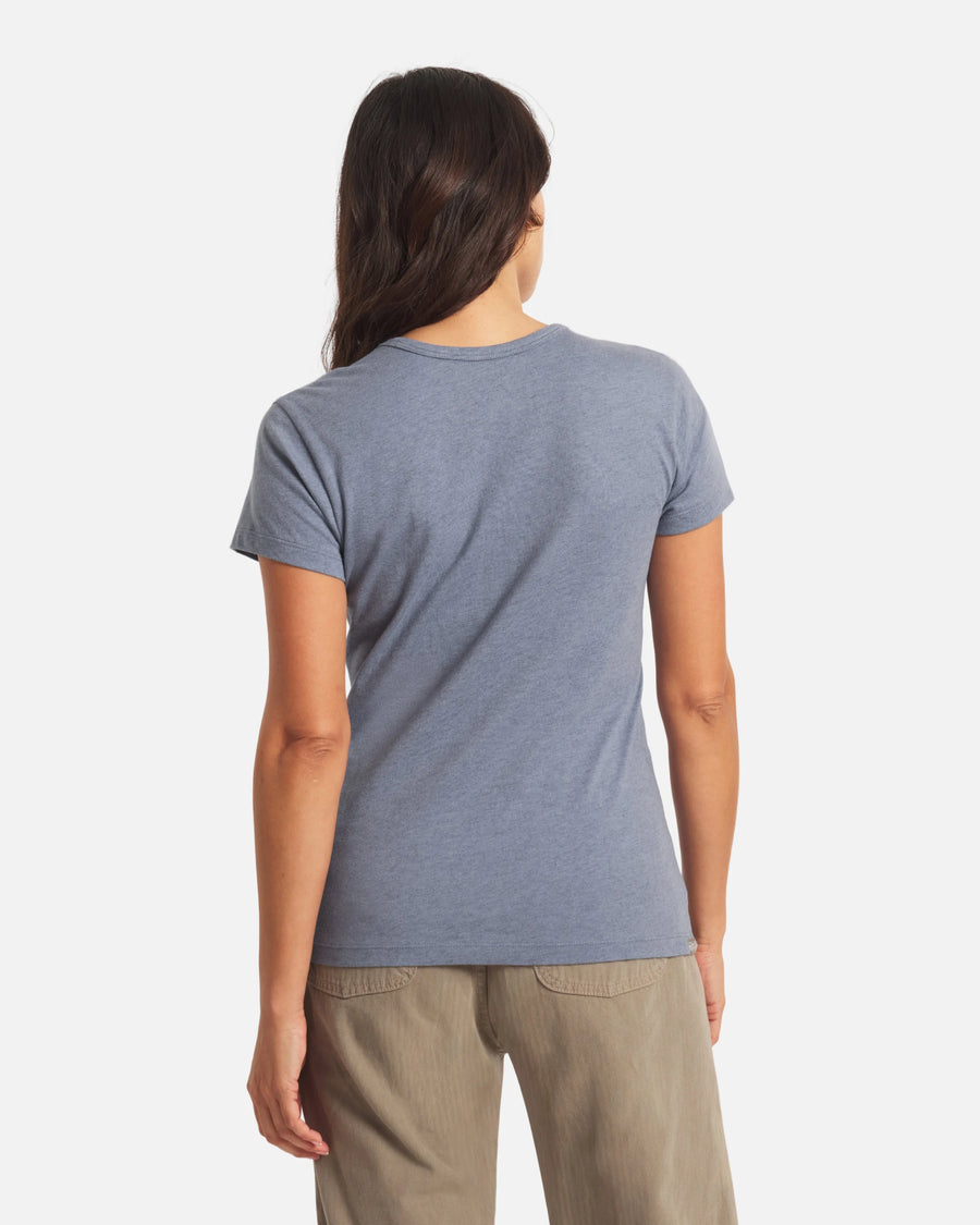 Back view of Women’s Essential V-neck t-shirt in Bluestone on model, short sleeves, regular fit, white background