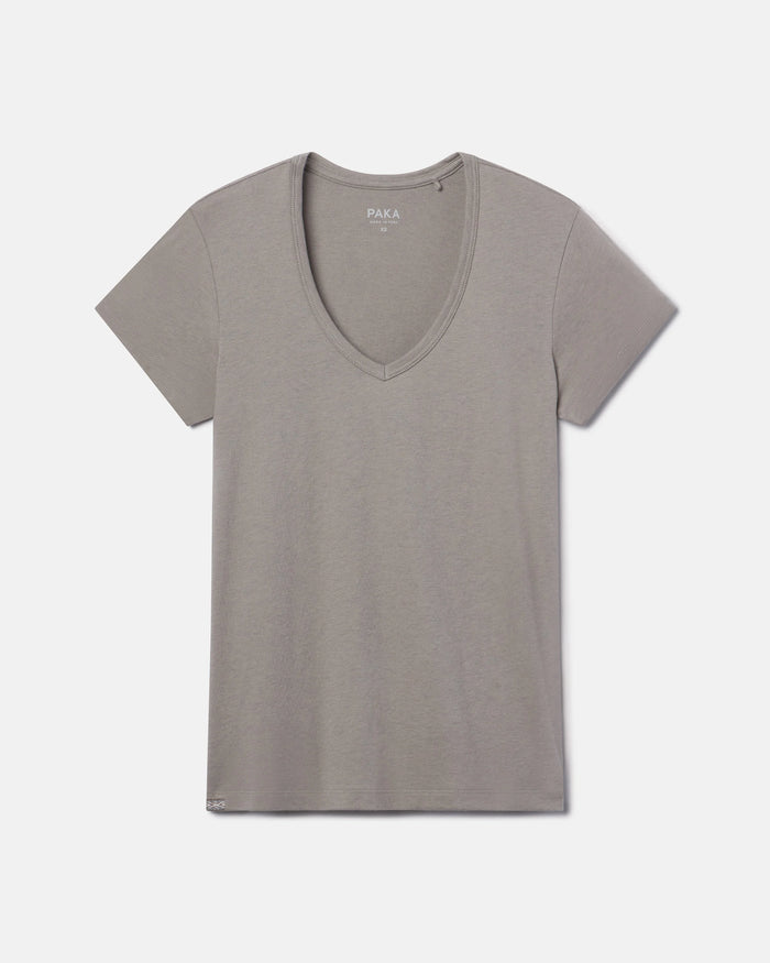 Front flat lay of Women’s Essential V-neck T-shirt in stone showcasing deep v-neck and short sleeves on light gray background