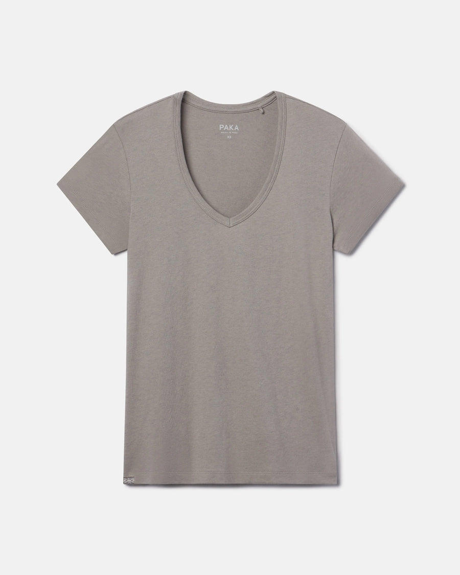 Front flat lay of Women’s Essential V-neck T-shirt in stone showcasing deep v-neck and short sleeves on light gray background
