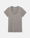 Front flat lay of Women’s Essential V-neck T-shirt in stone showcasing deep v-neck and short sleeves on light gray background