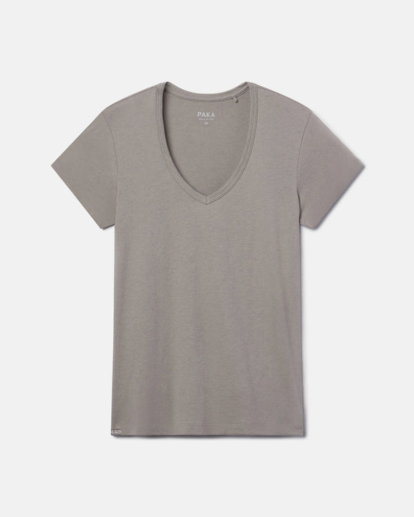 Front flat lay of Women’s Essential V-neck T-shirt in stone showcasing deep v-neck and short sleeves on light gray background