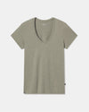 Front flat lay of Women’s Essential V-neck T-shirt in willow green showcasing V-neck and short sleeves on light gray background