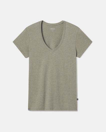 Front flat lay of Women’s Essential V-neck T-shirt in willow green showcasing V-neck and short sleeves on light gray background