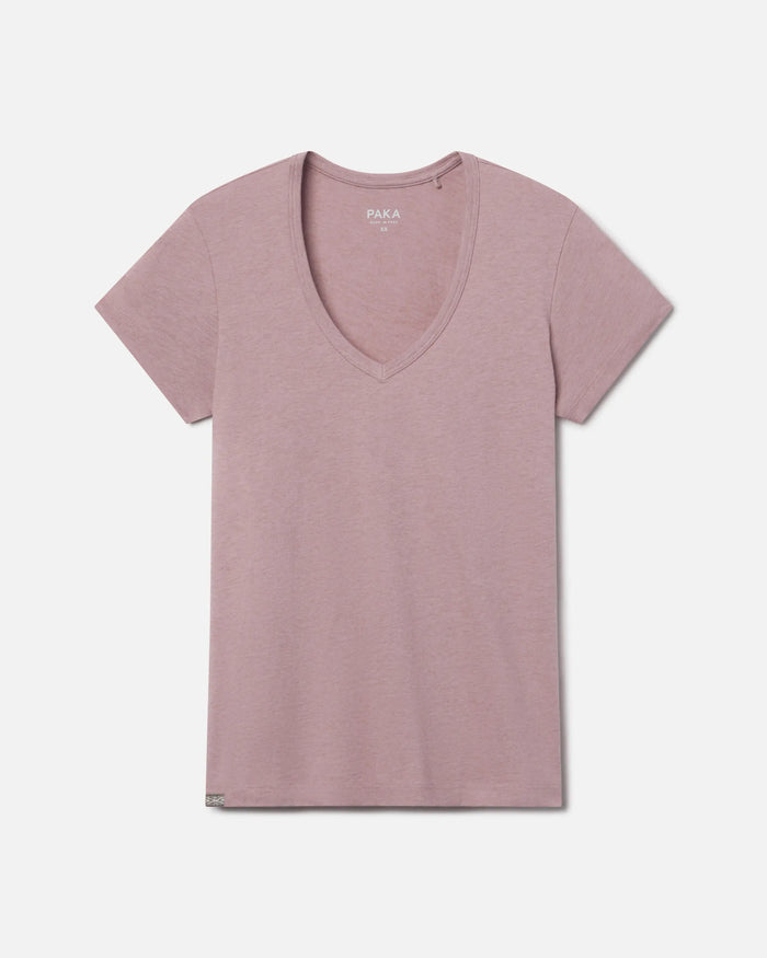 Flat lay front view of women’s V-neck t-shirt in woodrose showcasing short sleeves on white background